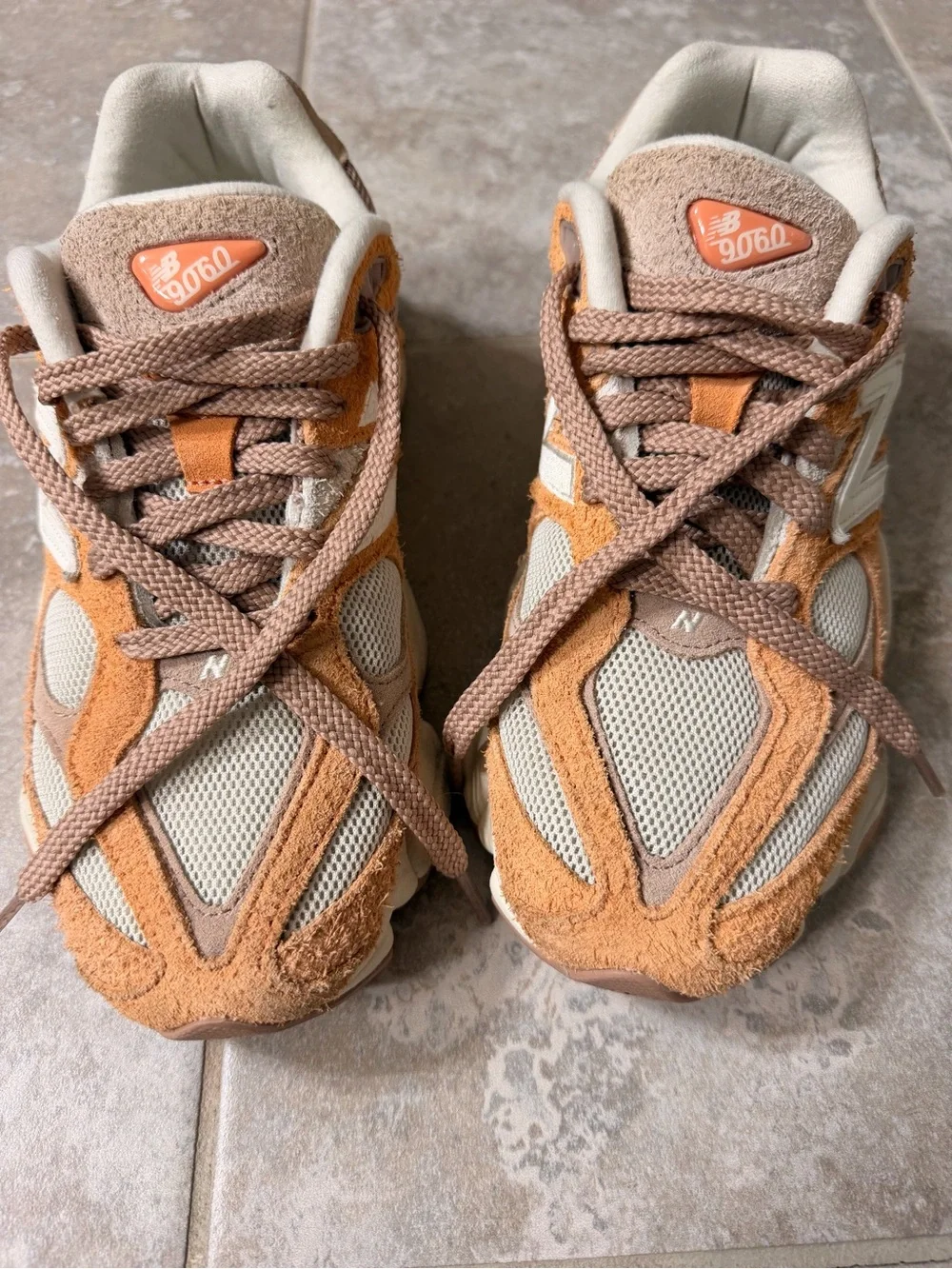 New Balance 9060 Tan and Orange Suede Mesh Athletic Sneakers
